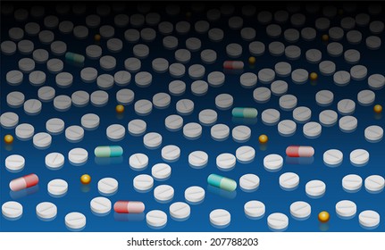 Pills, tablets and capsules evenly distributed on a glassy blue to black gradient surface. Vector illustration, seamless wallpaper.