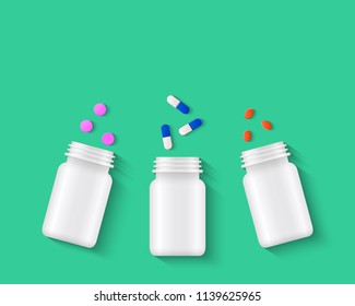 Pills, tablets and capsules with white pill bottles on green background. Assorted pharmaceutical medicine concept. Realistic vector illustration.