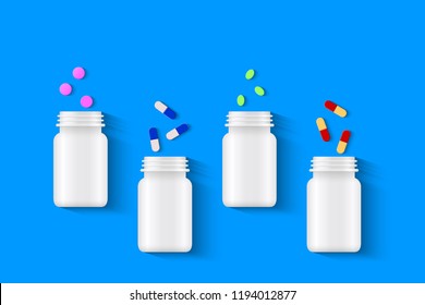 Pills, tablets and capsules with white pill bottles on blue background. Assorted pharmaceutical medicine concept, top view. Realistic vector illustration. 