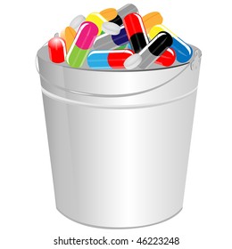 Pills and tablets of different placed in steel capacity