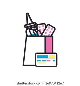 Pills tablets and dropper inside bag fill style icon design of Shopping online ecommerce market retail buy paying banking and consumerism theme Vector illustration