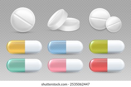 Pillen, Tabletten und Medikamente, realistische Kapseln. Schmerzmittel, Antibiotika, Empfängnisverhütung, bioaktive Zusatzstoffe. 3D-Vektorsatz