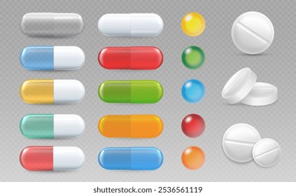 Pillen, Tabletten und Medikamente, realistische Kapseln. Schmerzmittel, Antibiotika, Empfängnisverhütung, bioaktive Zusatzstoffe. 3D-Vektorsatz