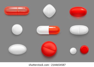 Pills, tablets and drug medicines, red and white capsules with granules. Oval, rhombus and round medicament painkillers, antibiotics, contraception, bio active additives, Realistic 3d vector set