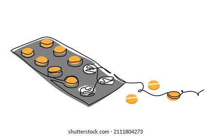 Pills, tablets, drugs in blister or foil package. One continuous line art drawing vector illustration of orange tablets in foil packaging.