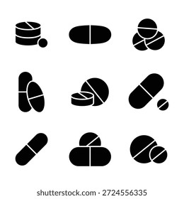 Píldoras y tabletas icono conjunto. Píldora de farmacia. Conjunto de icono de la tableta, píldora en la línea icono .Capsule iconos colección. Símbolo de píldoras de medicina de tratamiento de salud.