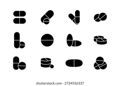 Pills and Tablets icon set. Pharmacy pill. Set of tablet icon , Pill capsule in line icon .Capsule icons collection. Healthcare treatment medicine pills symbol.