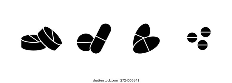 Píldoras y tabletas icono conjunto. Píldora de farmacia. Conjunto de icono de la tableta, píldora en la línea icono .Capsule iconos colección. Símbolo de píldoras de medicina de tratamiento de salud.