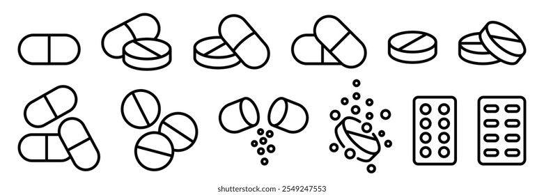 Píldoras y tabletas icono conjunto. Píldora de cápsula en iconos de línea negra. Vitamina, compuestos de la droga y productos farmacéuticos, píldora de la farmacia, Ilustración vectorial de la medicina aislada en fondo transparente.