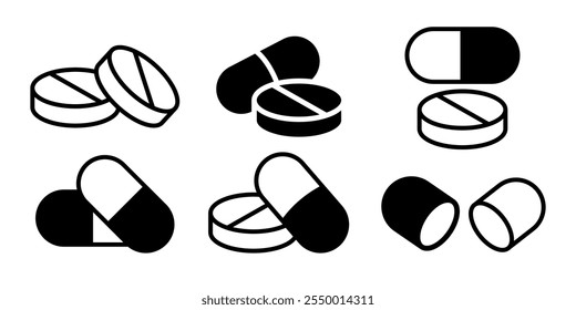 Píldoras y tabletas icono conjunto. Píldora de cápsula en iconos de línea negra. Vitamina, compuestos de la droga y productos farmacéuticos, píldora de la farmacia, Ilustración vectorial de la medicina aislada en fondo transparente.