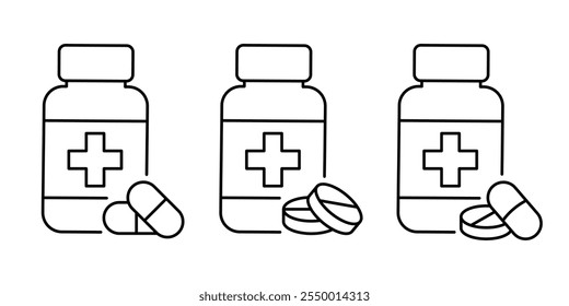 Píldoras y tabletas icono conjunto. Píldora de cápsula en iconos de línea negra. Vitamina, compuestos de la droga y productos farmacéuticos, píldora de la farmacia, Ilustración vectorial de la medicina aislada en fondo transparente.