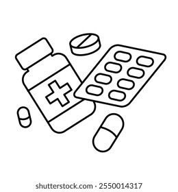 Píldoras y tabletas icono conjunto. Píldora de cápsula en iconos de línea negra. Vitamina, compuestos de la droga y productos farmacéuticos, píldora de la farmacia, Ilustración vectorial de la medicina aislada en fondo transparente.