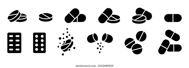 Pills and tablets icon set. Pill capsule in black line icons. Vitamin, drug compounds and pharmaceutical products, pharmacy pill, medicine vector illustration isolated on transparent background.