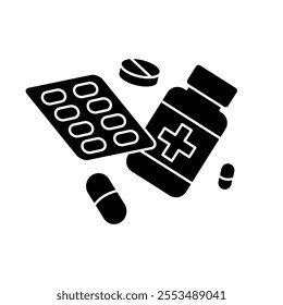 Pills and tablets icon set. Pill capsule in black line icons. Vitamin, drug compounds and pharmaceutical products, pharmacy pill, medicine vector illustration isolated on transparent background.