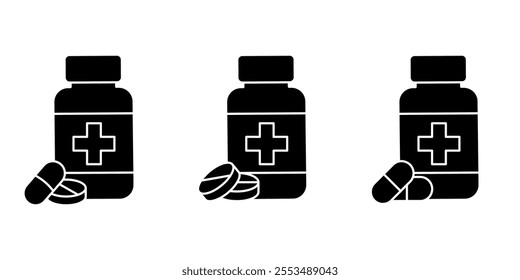 Pills and tablets icon set. Pill capsule in black line icons. Vitamin, drug compounds and pharmaceutical products, pharmacy pill, medicine vector illustration isolated on transparent background.