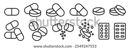 Pills and tablets icon set. Pill capsule in black line icons. Vitamin, drug compounds and pharmaceutical products, pharmacy pill, medicine vector illustration isolated on transparent background.