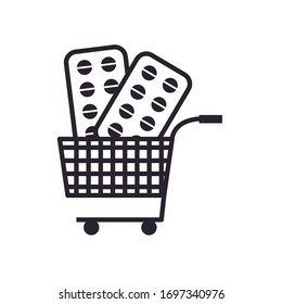 Pills tablets inside cart line style icon design of Shopping online ecommerce market retail buy paying banking and consumerism theme Vector illustration