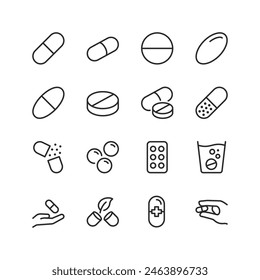 Pills and Tablets, linear style icon set. Various shapes and forms of medication capsules. Drug compounds and pharmaceutical products. Editable stroke width.