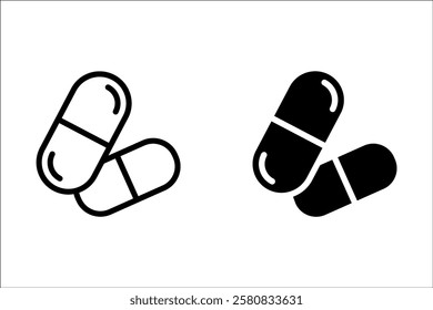 Pills and Tablets, linear style icon set. Various shapes and forms of medicinal capsules. Medicinal compounds and pharmaceutical products.