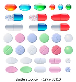 Pills, tablets and medicine drugs, colorful capsules with granulated filler. Oval and round medicament painkillers, antibiotics, vitamins, amino acid, mineral, bio active additives, Cartoon vector set
