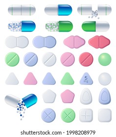 Tabletten, Tabletten und Arzneimittel, bunte Kapseln mit granuliertem Füllstoff. Schmerzmittel für Oval- und runde Arzneiwaren, Antibiotika, Vitamine, Aminosäure, Mineralstoffe, bioaktive Zusatzstoffe, Cartoon-Vektorset