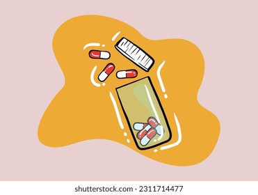 Pills, tablets and medicine drugs, colorful capsules with glass bottle filler. Hand Drawn vector set