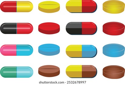 Pillen, Tabletten und Medikamente, Oval und runde Kapseln Set