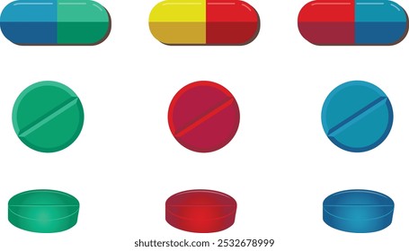 Pillen, Tabletten und Medikamente, Oval und runde Kapseln Set