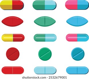 Pillen, Tabletten und Medikamente, Oval und runde Kapseln Set