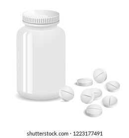 Pills tablets and medicines and plastic bottle