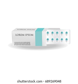 Pills Or Tablets Package Blister In Open Paper Box. Blank Design Template Of Capsule Treatment Drugs With Space For Pharmacy Medicine Brand Name, Isolated On White Background. Vector 3d Illustration