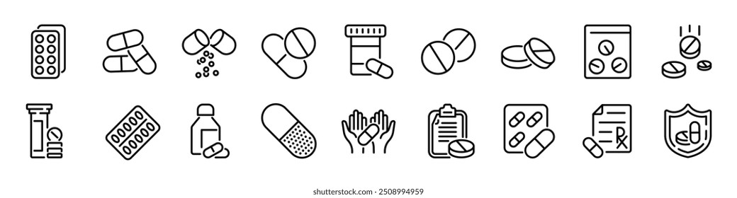 Pills and Tablets set. Pharmacy pill. Linear style.