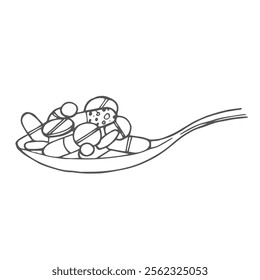 Pills and tablets in a spoon vector hand drawn sketch