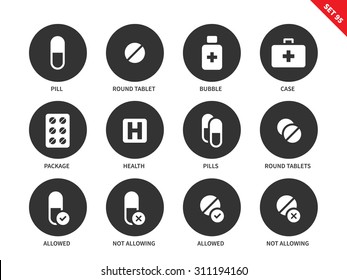 Pills and tablets vector icons set. Medicine and heathcare concept. Medical treatment, pill, round tablet, bubble, medical case, pachage. Isolated on white background