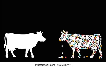 Pills that shape a cow. Symbol for cattle healthcare issues, medicine, pharmacy, antibiotics and diet - isolated vector illustration on black background.