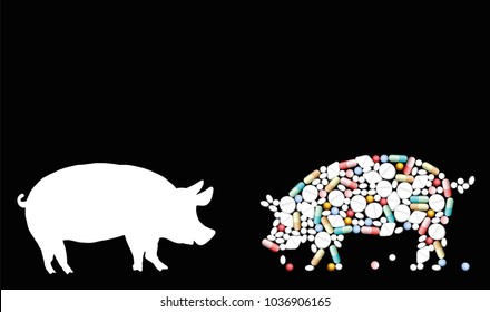 Pills That Shape A Pig. Symbol For Animal Healthcare Issues, Medicine, Pharmacy, Antibiotics And Diet - Isolated Vector Illustration On Black Background.