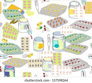 Pills and thermometers seamless hand drawn pattern, modern pharmacy concept