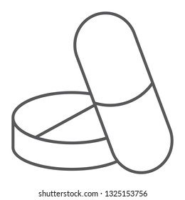 Pills thin line icon, medical and pharmaceutical, capsule sign, vector graphics, a linear pattern on a white background, eps 10.