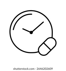 Pílulas ícone da arte da linha do tempo com comprimidos e relógio isolado no fundo branco. Ilustração vetorial minimalista do cronograma de medicação ou lembrete de pílula para saúde, farmácia e medicina.
