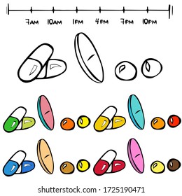 Pills and time scale set, doodle illustration of pills daily schedule with set of colorful drugs. Can be used for daily organizers, stickers, label design and more