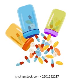 Pills are fly out from the Tins. Colourful pills, drugs, vitamins. Healthcare, coronavirus and medicine concept. Hand-drawn modern vector illustration for web banner, card design.