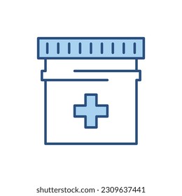 Pills Tube related vector line icon. Medical cross, container, bottle. Isolated on white background. Vector illustration. Editable stroke