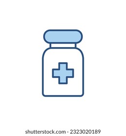 Pills Tube related vector line icon. Medical cross, container, bottle. Isolated on white background. Vector illustration. Editable stroke