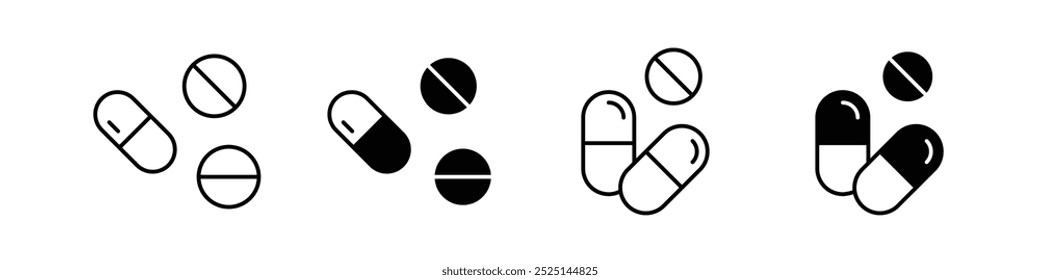Comprimidos vetor vetor preenchido e contornado coleção de ícones