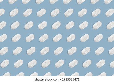 Pills vector flat pattern isolated on blue background. White drugs, painkillers, antibiotics, and vitamin tablets. Medical pills, medicaments to treat illness, pain, and viruses background concept.