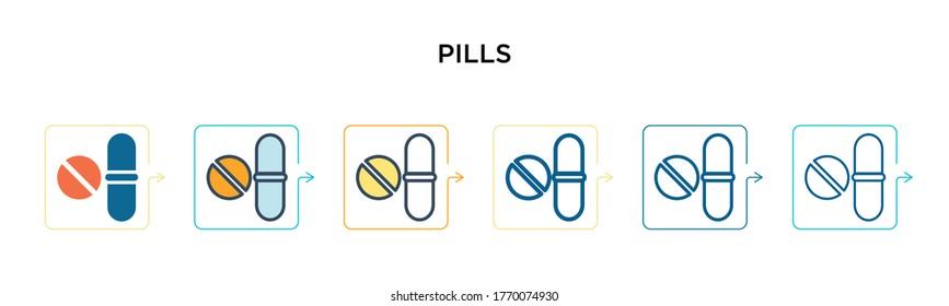 Pills vector icon in 6 different modern styles. Black, two colored pills icons designed in filled, outline, line and stroke style. Vector illustration can be used for web, mobile, ui