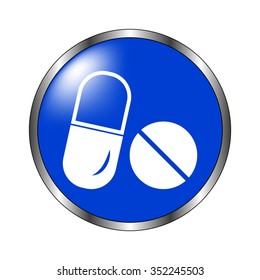Pills - vector icon on the blue button