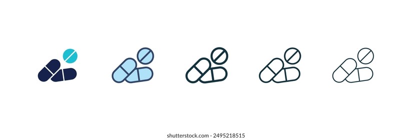 Pills vector icon set black filled and outlined style.