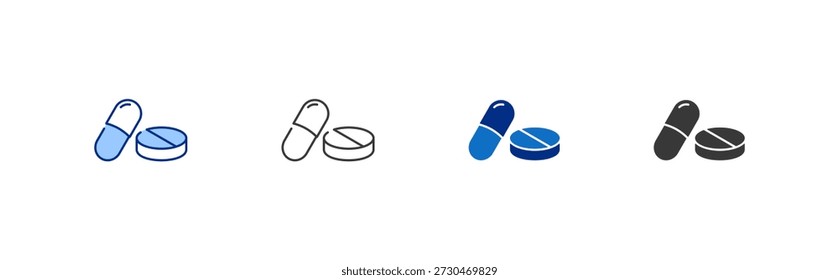 Pills vector icon set in line, glyph and blue style