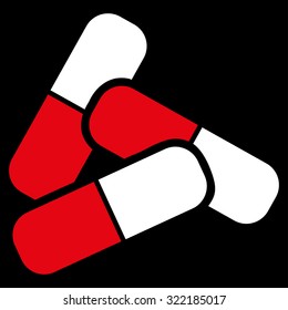 Pills vector icon. Style is bicolor flat symbol, red and white colors, rounded angles, black background.